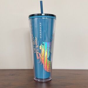 Starbucks Blue Tumbler with Rainbow Design